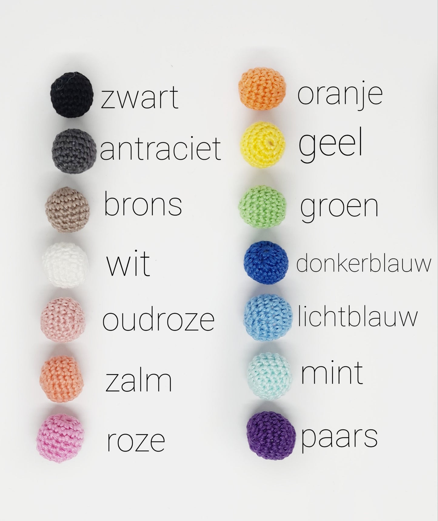 Keuze uit mooie kleuren gehaakte kralen voor aan het speenkoord van jouw mini