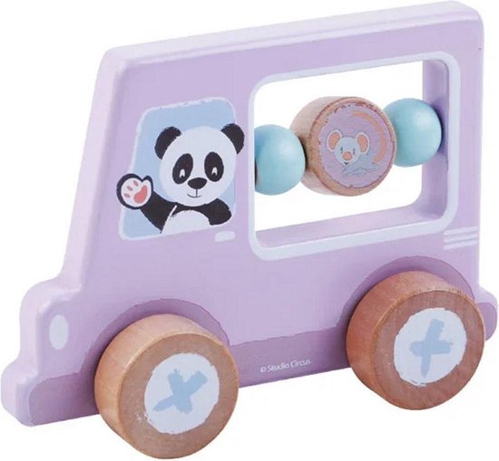 Houten activiteitenauto met panda