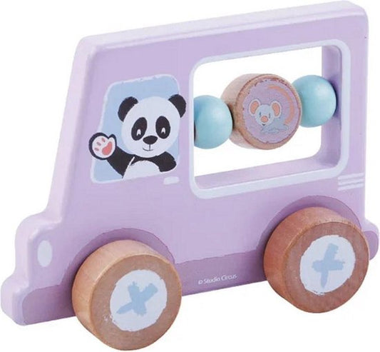 Houten activiteitenauto met panda