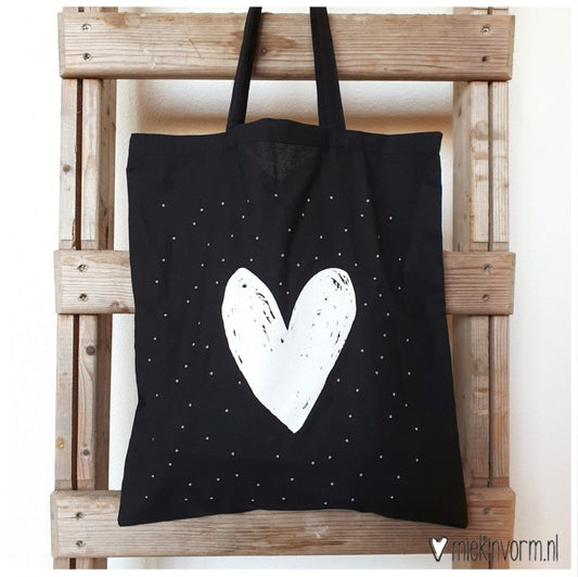 Katoenen tas zwart met hartje